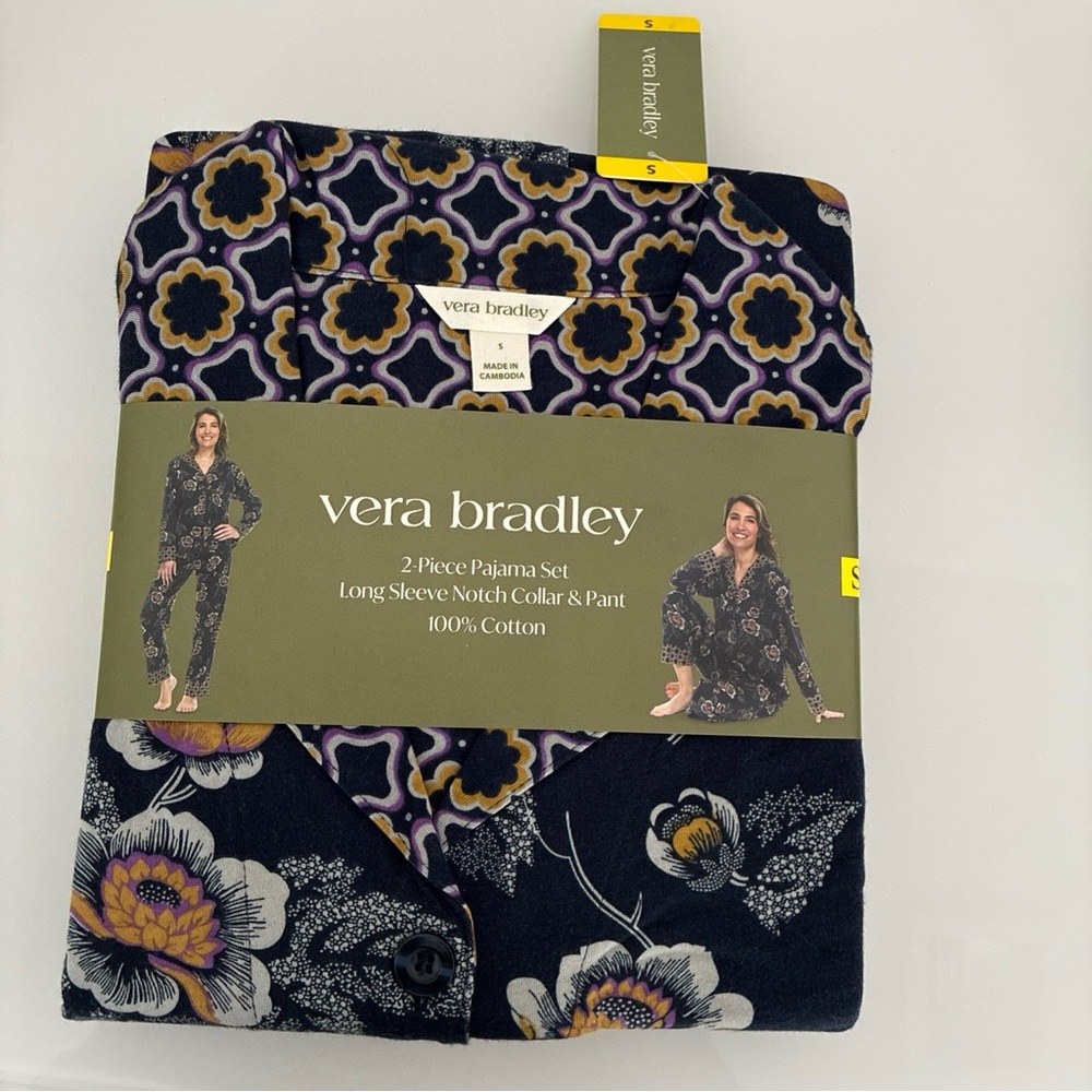 Vera Bradley 2 Piece Floral  Long Sleeve Pant Pajama Navy Size S Cotton